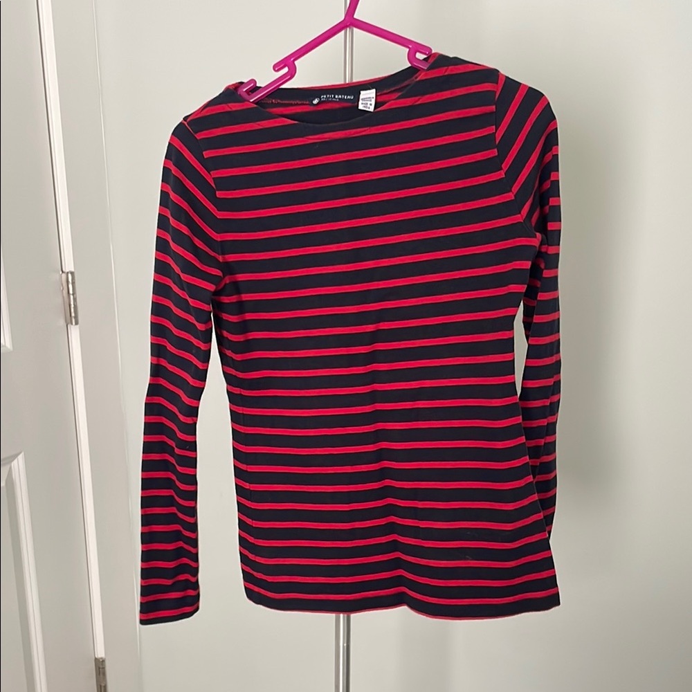 Petit Bateau Long Sleeve Tee with navy and Red Stripes